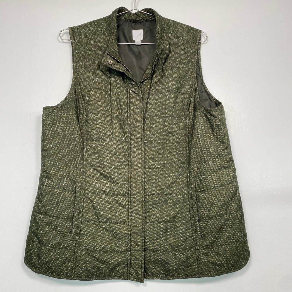 J. Jill Women Puffer Vest XL Green Herringbone Quilted Zip Front Sleeveless